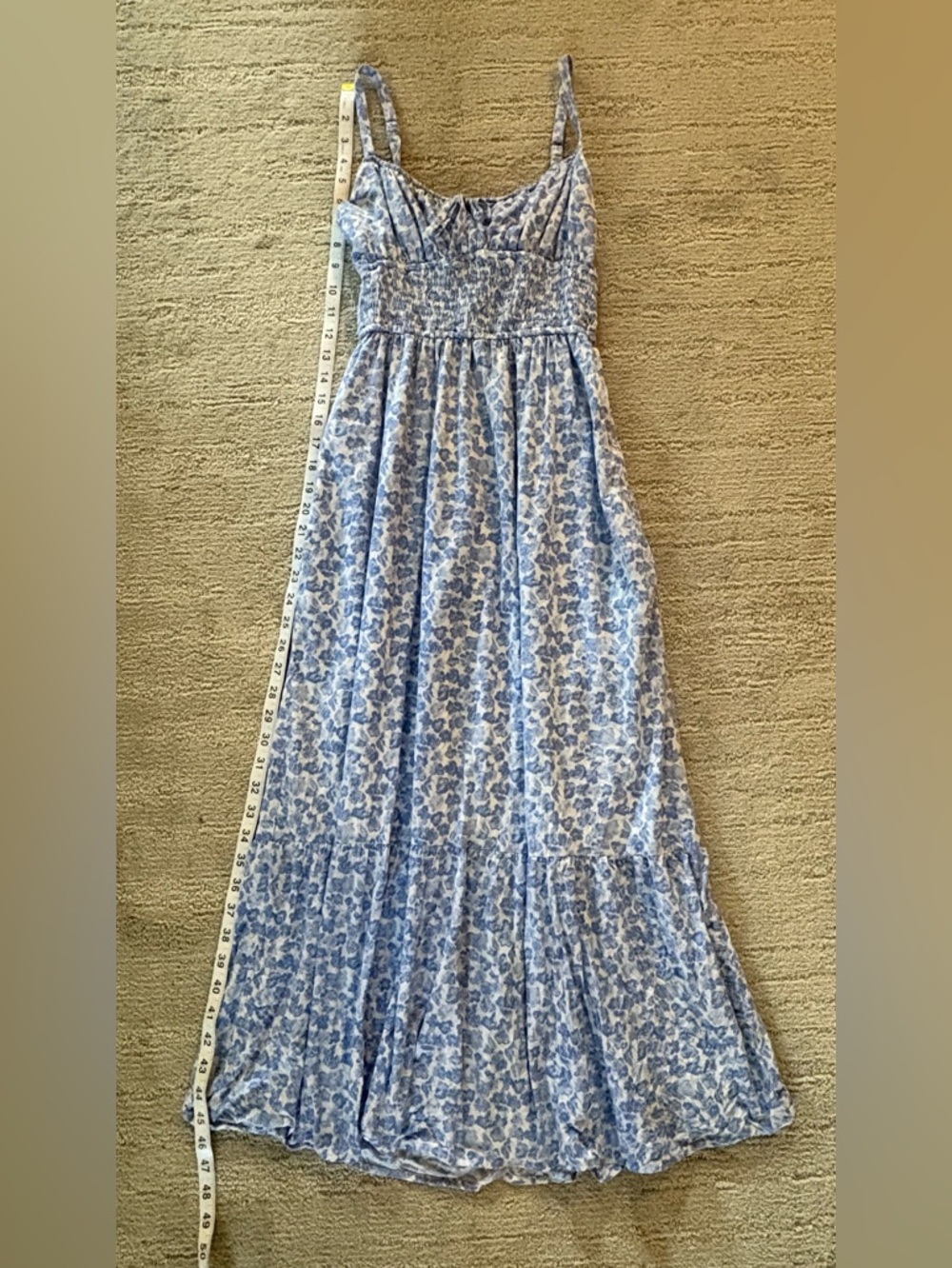 Hollister Blue Floral Smocked Midi Dress Tie Strap Sweetheart Cottagecore XS - Picture 3 of 6